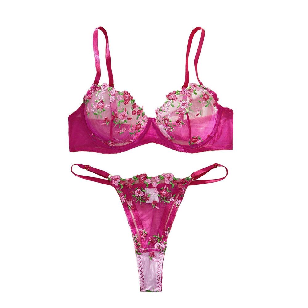 4538 Sexy Satin Mesh Floral Sheer Embroidered Underwire Lingerie Set 2